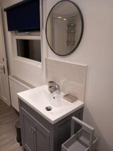 a bathroom with a sink and a mirror at Blackbrook Lodge Cabin in Turnditch