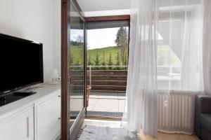 d'un salon avec une porte coulissante en verre s'ouvrant sur un balcon. dans l'établissement Isabell, à Schönwald