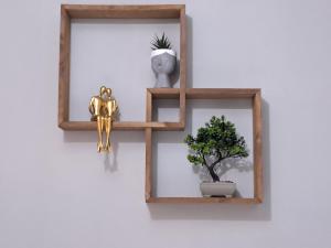 a wooden shelf with a potted plant on a wall at Poppy Beloni in Chania