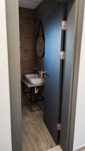 a bathroom with a sink and a mirror and a door at Villa Natali in Ohrid
