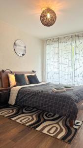 a bedroom with a large bed and a rug at Charme mystique de la Chine, Free Parking in Morges