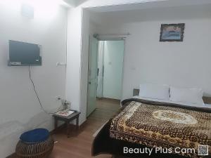 Schlafzimmer mit einem Bett und einem Flachbild-TV in der Unterkunft A1 B&B shimla in Shimla