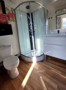a bathroom with a shower and a toilet and a sink at Le calme de la campagne proximité Center Parcs in Saint-Léger-de-Montbrillais