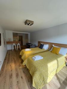 烏斯懷亞的住宿－Gente del Sur - Cinco Hermanos，一间卧室设有两张带黄床单和桌子的床。