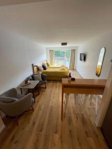 a large living room with a bed and a desk at Gente del Sur - Cinco Hermanos in Ushuaia