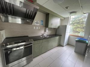 Residence & Conference Centre - Brampton في برامبتون: مطبخ مع موقد ومغسلة وثلاجة