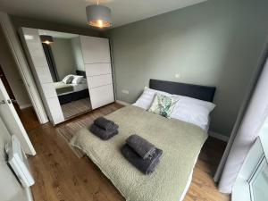 a bedroom with a bed with two pillows and a mirror at Pettit Apartments - Central "Free Parking" in Liverpool