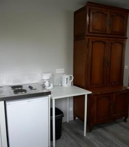 a kitchen with a white counter and a wooden cabinet at rez de maisons in Avignon