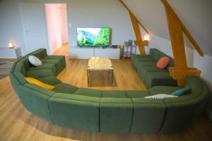 a living room with a green couch and a tv at La Huchetiere in Droué