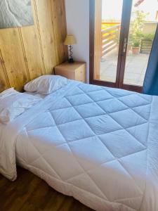 een groot wit bed in een kamer met een raam bij Font-Romeu : T2 avec grande terrasse et garage in Font Romeu Odeillo Via
