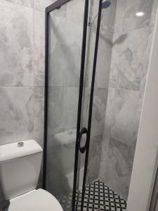 eine Dusche mit Glastür neben einem WC in der Unterkunft THE LİMA SUİTES KADIKÖY in Istanbul