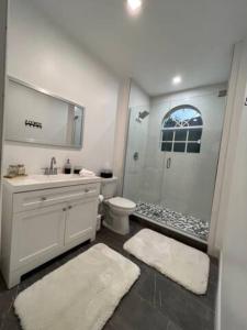 a bathroom with a shower and a sink and a toilet at 1st floor apt 3 bed/ 2 bath in downtown orlando in Orlando