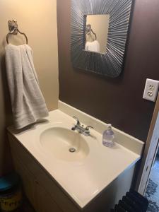 un baño con lavabo y espejo en Log Cabin in the Field, en Huntington