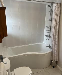 a bathroom with a white tub and a toilet at The Garden Apartment in Ironbridge +2 photos