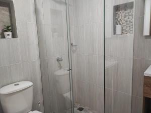 ein Bad mit einem WC und einer Glasdusche in der Unterkunft Lagom Apartamentos San Rafael in San Rafael