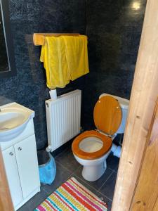 a bathroom with a toilet and a sink and yellow towels at Prince of Wales inn in Caerphilly