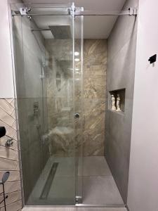 um chuveiro com uma porta de vidro na casa de banho em Day & Night Apartment em Cuprija