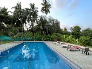 a swimming pool with lounge chairs and palm trees at Casa de Kihim in Alibaug