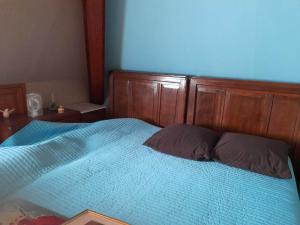 Schlafzimmer mit einem blauen Bett und einem Kopfteil aus Holz in der Unterkunft Gîte Le Jardin de Hermolsheim. Alsace très spacieux in Mutzig