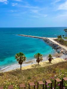 vistas a una playa con palmeras y al océano en Sunset Beach Benalmadena, en Benalmádena