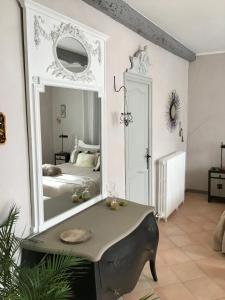 a bedroom with a large mirror and a bed at Maison En Cramaillan in Bragayrac