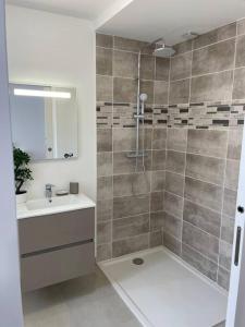 een badkamer met een douche en een wastafel bij Villa Pieds dans l’eau in Carry-le-Rouet