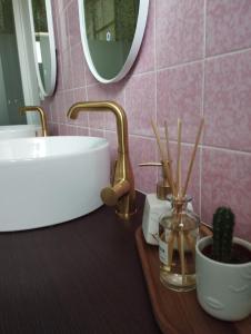 a bathroom counter with a sink and a mirror at Vakantiehuis 't Leideveld in Maarkedal