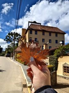 a person holding a leaf in front of a building at VELINN Hotel Ninho do Falcão in Monte Verde