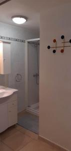 a bathroom with a shower and a sink and a tub at Studio Central in Canet-en-Roussillon