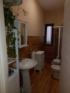 La salle de bains est pourvue d'un lavabo et de toilettes. dans l'établissement Alloggio Turistico Residenza Padovano, à Sperlonga