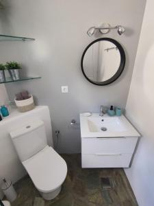a bathroom with a white toilet and a mirror at Scarpathia House in Katapola