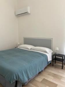 Casina Terravecchia في فيبو فالينتيا: غرفة نوم بسرير وبطانية زرقاء ومروحة