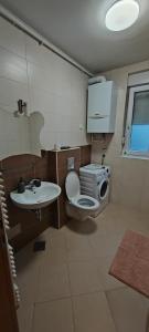 a bathroom with a toilet and a sink and a microwave at Apartman Fran in Zagreb