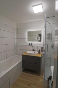 La salle de bains est pourvue d'une baignoire, d'un lavabo et d'une baignoire. dans l'établissement Appartment am Ziegelwasen, à Kirchheim unter Teck