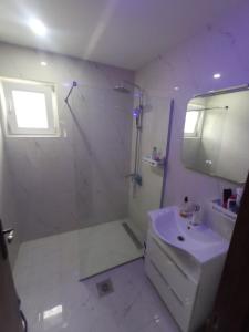 La salle de bains blanche est pourvue d'un lavabo et d'une douche. dans l'établissement House with pool - Mitrovic, à Herceg-Novi