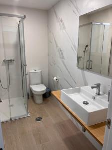 La salle de bains est pourvue d'un lavabo, d'une douche et de toilettes. dans l'établissement Apartamento Luda, à Torreperogil