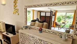 uma sala de estar com um espelho grande e uma televisão em Home Sweet AUM em Tourrettes-sur-Loup