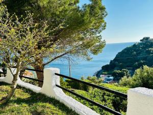 un banco sentado en una colina con vistas al océano en Dimore Acquasale- Sea View Houses, en Capo Vaticano