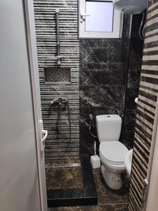 baño pequeño con aseo y ventana en Grandino rooms&apart, en Ulcinj