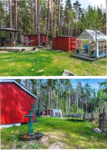 two pictures of a park with a building and a playground at Caravan on nice garden in Örebro