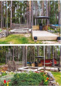 dwa zdjęcia parku z ławką i altaną w obiekcie Caravan on nice garden w mieście Örebro
