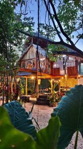 a house in the woods with people sitting in it at Nuscaa Boutique Tree House & Spa in Puerto Morelos