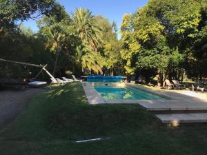 a swimming pool in a yard with chairs and trees at Chacra La Escondida in Colonia del Sacramento