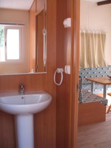 y baño con lavabo y espejo. en Bungalow Camping Trevélez en Trevélez