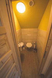 a bathroom with a toilet and a yellow ceiling at Chalupa Petra in Dolní Morava
