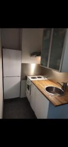 uma pequena cozinha com um lavatório e um frigorífico branco em Parkview K10 em Helsinque