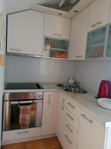 a kitchen with white cabinets and a stove and a sink at Apartment Franka in Sveti Vid-Miholjice