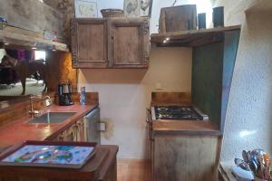 een keuken met een fornuis bovenoven naast een gootsteen bij La Maisonnette d'Archiane in Châtillon-en-Diois