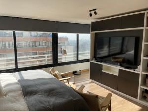 Santiago, Vitacura, amplio departamento في سانتياغو: غرفة نوم بسرير كبير وتلفزيون بشاشة مسطحة