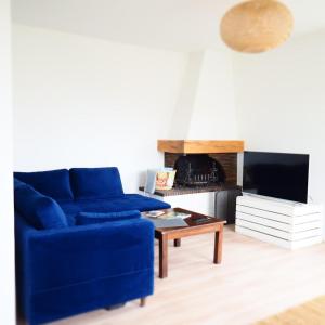 un sofá azul en una sala de estar con chimenea en NOUVEAUTE 2023 Maison Cocooning avec jardin, Terrasse couverte et Jacuzzi en Bellerive-sur-Allier